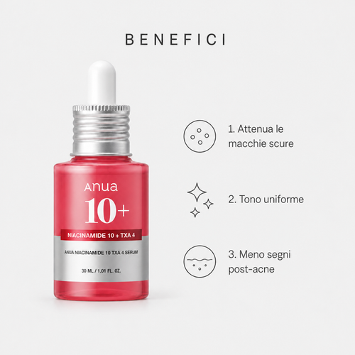 Benefici: attenua le macchie scure, tono uniforme, meno segni post-acne