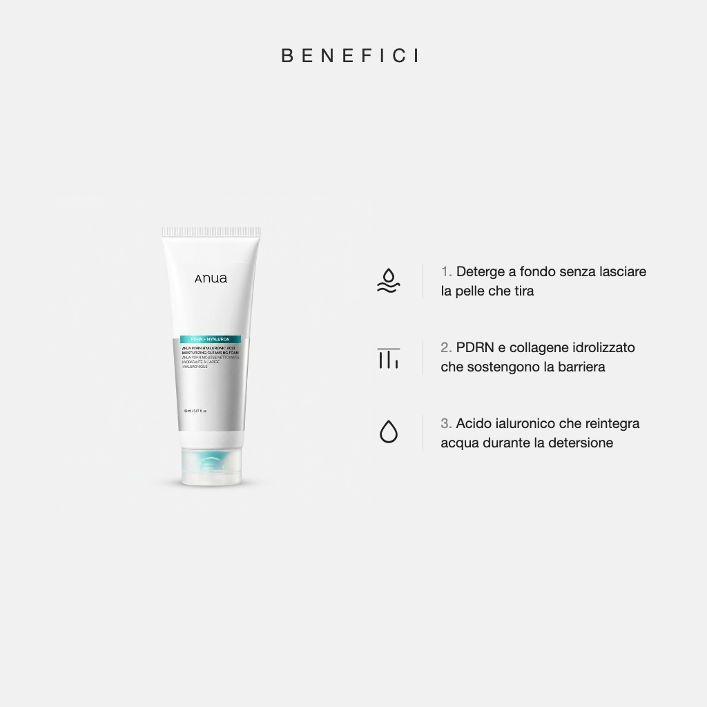 Anua PDRN Hyaluronic Acid Moisturizing Cleansing Foam - benefici principali