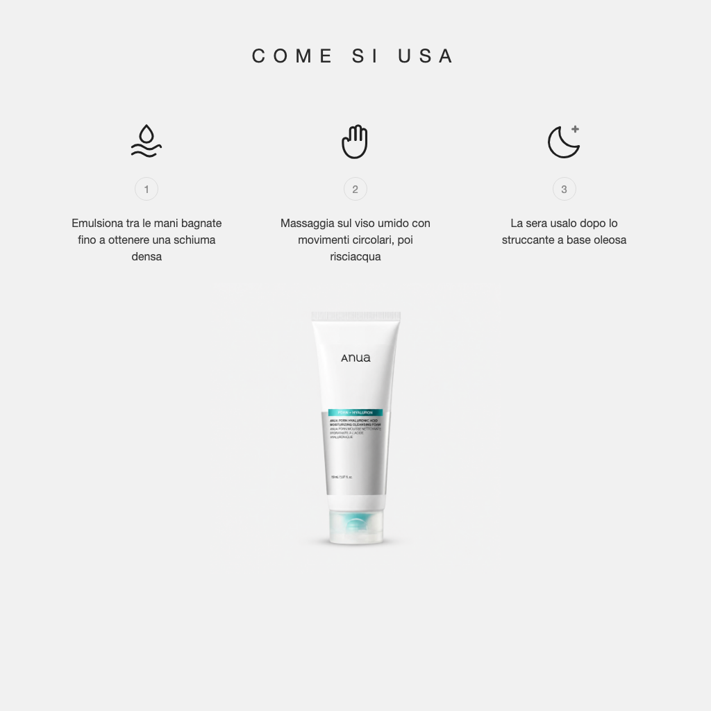 Anua PDRN Hyaluronic Acid Moisturizing Cleansing Foam - come si usa in tre step