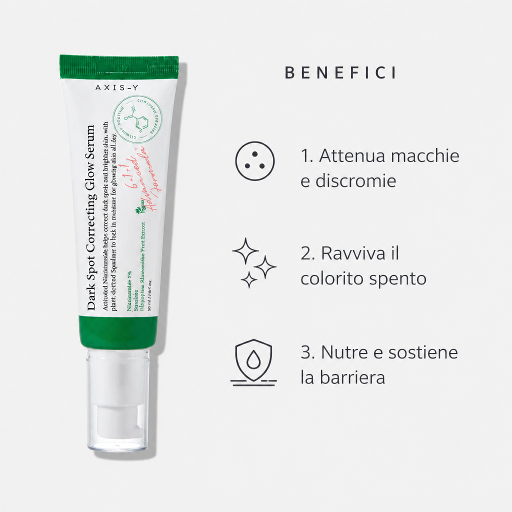 Benefici: attenua macchie e discromie, ravviva il colorito, sostiene la barriera