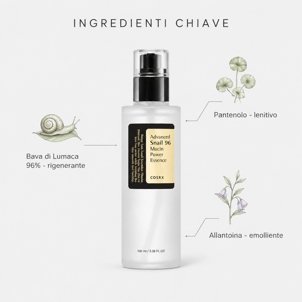 Ingredienti chiave: bava di lumaca 96%, pantenolo, allantoina