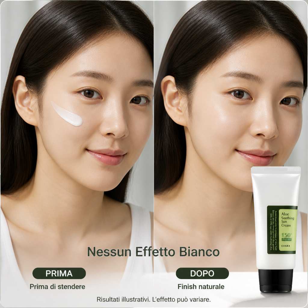 COSRX Aloe Soothing Sun Cream SPF50+ - Crema Solare Lenitiva 50ml - prima e dopo, immagine illustrativa