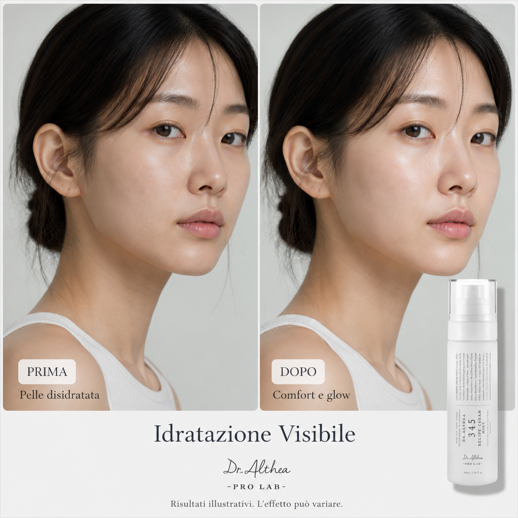 Dr Althea 345 Relief Cream Mist - Mist Viso Lenitiva 100ml - prima e dopo, immagine illustrativa