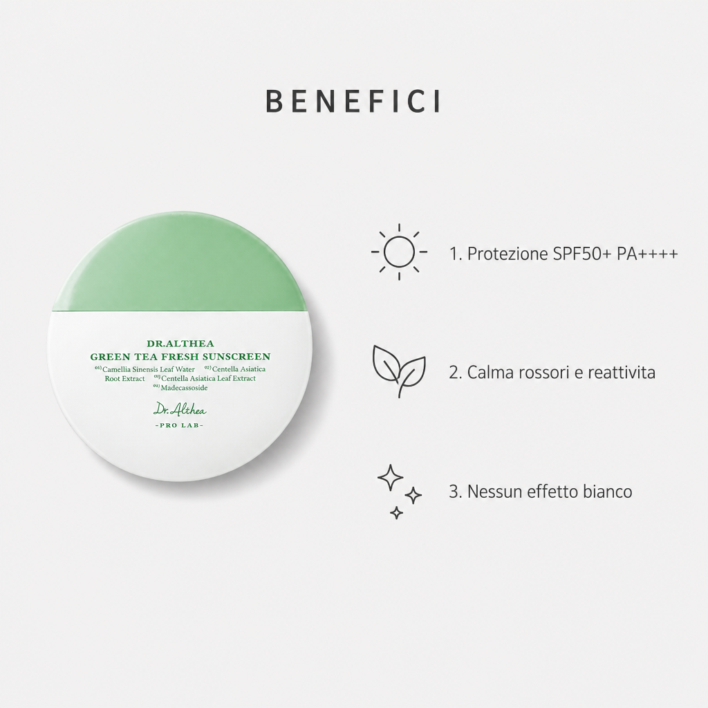 Benefici: protezione SPF50+ PA++++, calma rossori, nessun effetto bianco