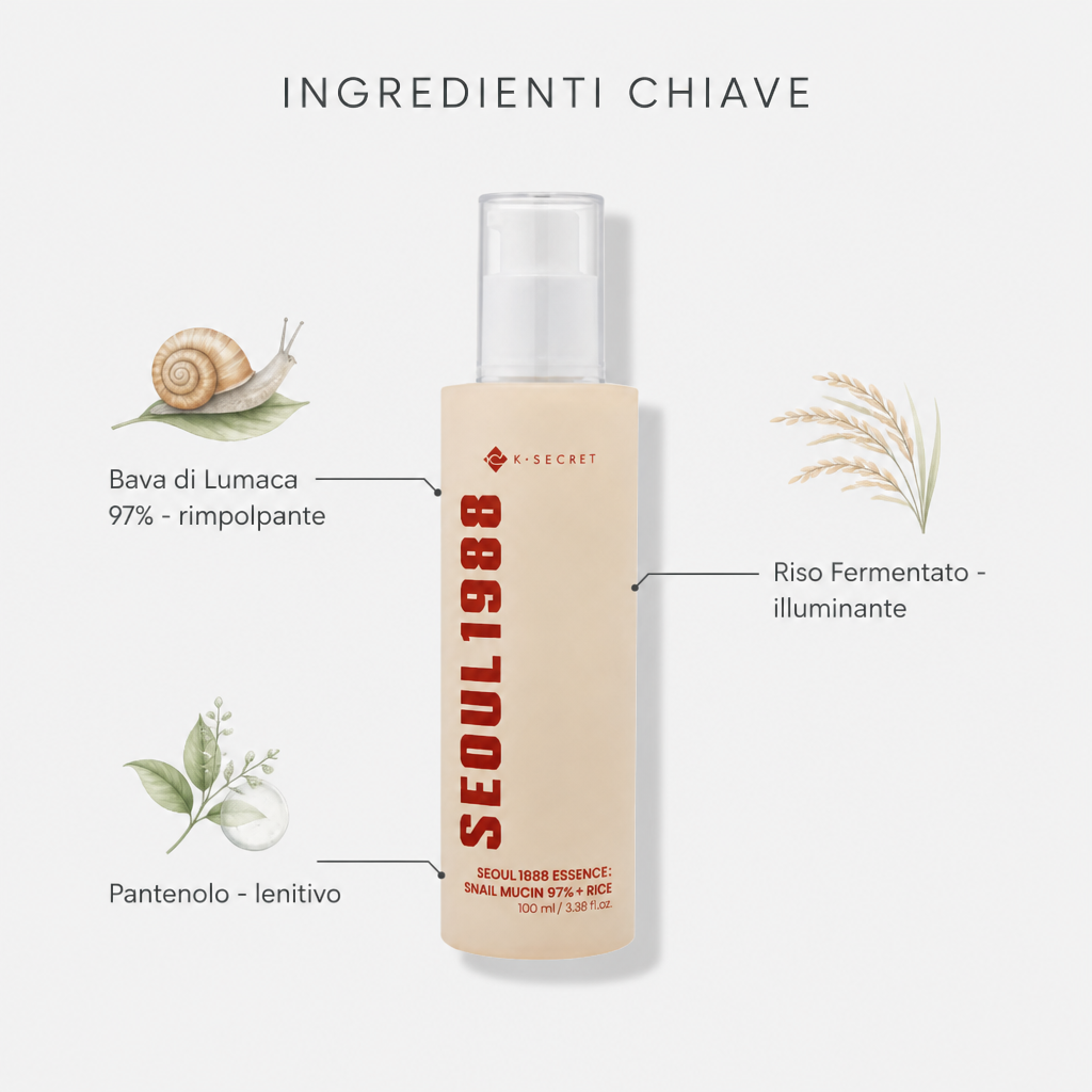 Ingredienti chiave: bava di lumaca 97%, riso fermentato, pantenolo