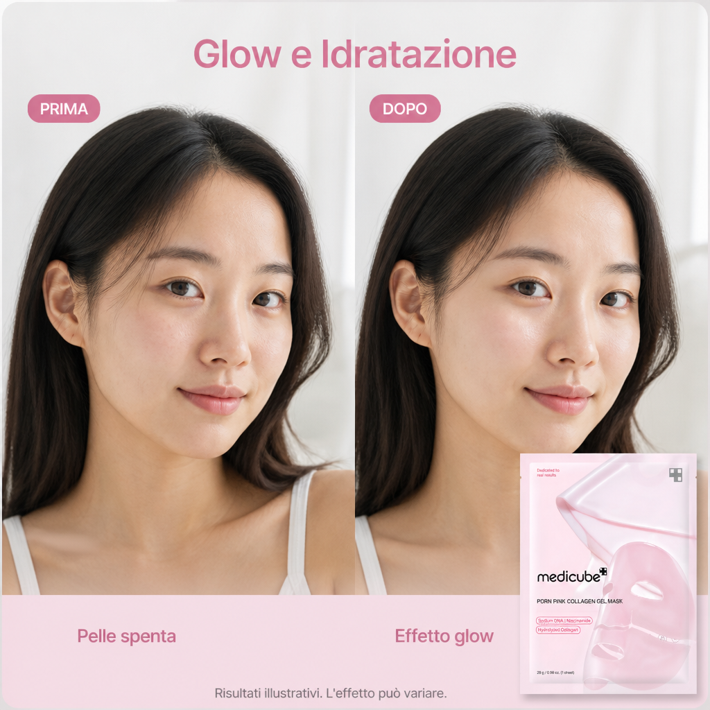 Medicube PDRN Pink Collagen Gel Mask - Maschera Rimpolpante 4 Pezzi da 28g - prima e dopo, immagine illustrativa